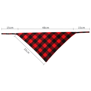 Red and black plaid cotton dog bandana with size measurements shown on white background