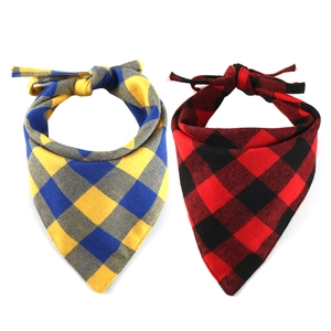 Close-up of yellow-blue and red-black checkered cotton pet bandanas in a 2-piece set