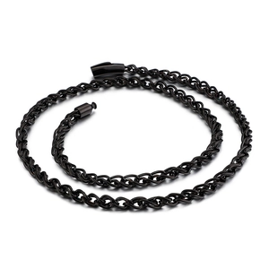 Mens black stainless steel twisted rope chain necklace with a secure cylindrical clasp