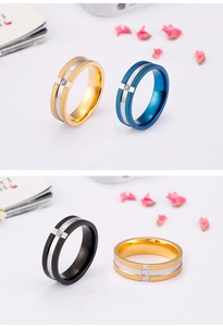 Detail view of frosted stainless steel rings in gold, blue, black and silver with zircon