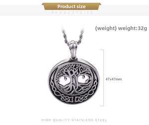 Detailed view of Tree of Life pendant in stainless steel with 47x47mm size and 32g weight