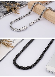 Detail of 6mm stainless steel box chain necklace with lobster clasp close-up