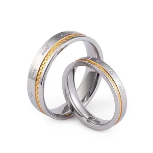 Bagues De Couple À La Mode Titane Acier Inoxydable Bicolore Or Argent Texture Grille Gravée Always Bijoux Amants