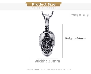 Detailed specs of gothic mechanical skull pendant in stainless steel with measurements