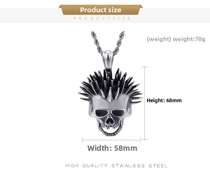 Detail view of large punk skull pendant with dimensions 68mm x 58mm and weight 70g