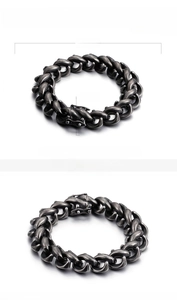 Macro view of heavy 15mm stainless steel cuban link bracelet with detailed lobster clasp