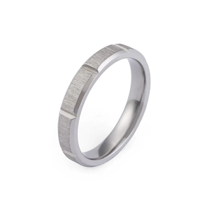 Minimalist silver brushed stainless steel couple ring with geometric rectangle cut design