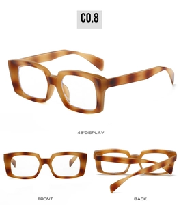 Detail shots of leopard print square glasses frame showing front, back, and 45-degree angles