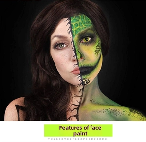 Detailed comparison showing high-pigment green scale face paint vs natural skin look