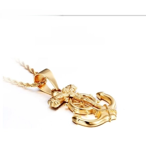 Detailed side view of polished gold anchor cross pendant on a durable twist chain