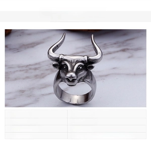 Macro detail of bull head stainless steel ring showing polished metal texture and weight info