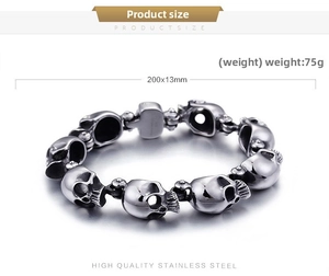 Detail showing 200x13mm dimensions and 75g weight of vintage stainless steel skull bracelet
