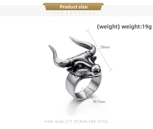 Detailed view of punk style stainless steel bull head ring with polished ox horn texture