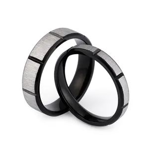 Black Stainless Steel Brushed Finish Ring Modern Geometric Sand Surface Industrial Style Band For Men And Women