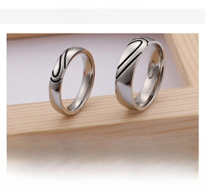 Macro view of couple heart rings with black curved grooves and product specifications