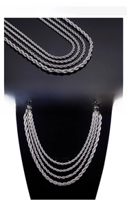 Detailed size chart for stainless steel rope chain necklaces with various lengths and widths