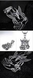 Macro shot of stainless steel eagle skull pendant showing detailed gothic textures