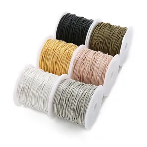 Detail view of multi-color metallic jewelry cords wound on white spools for DIY necklaces