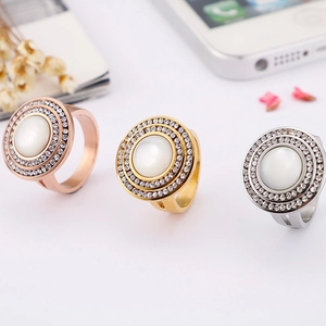 Titanium steel ring set with double crystal rows and opal center in three metallic finishes