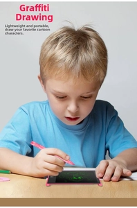 Detailed view of pink 4.4-inch LCD writing tablet for kids showing green stylus drawings
