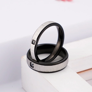 Brushed titanium steel couple rings with black finish and square inset diamond