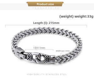 Detailed specs of men's stainless steel wheat chain bracelet, 215mm length and 6mm width