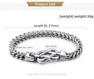 Detailed specs of men's stainless steel keel bracelet with a knot clasp and dimensions