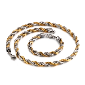 Two-tone gold and silver stainless steel rope chain necklace set with lobster clasp