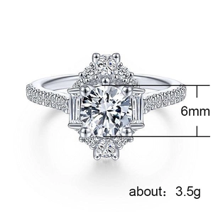 Detail view of 6mm round zircon ring with silver band showing 3.5g weight specifications