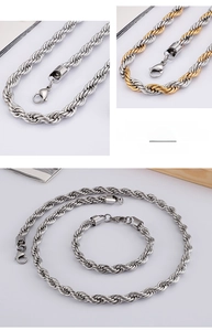 Detail of two-tone stainless steel twist rope chain necklace and bracelet with lobster clasp