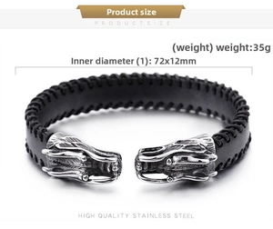 Detailed view of punk dragon head steel bracelet with braided leather and product dimensions