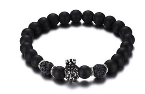 Men Beaded Bracelet Matte Black Lava Stone Alloy Lion Head Crown Charm Vintage Elastic Jewelry Gift