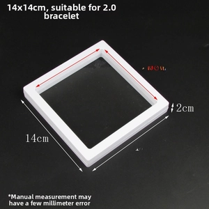 Detailed size specifications for a 14x14x2cm PE film floating jewelry display box