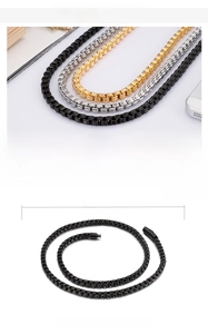 Detail of 6mm stainless steel square pearl chains in gold, black, and silver finishes