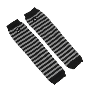 Detail of black and gray striped knitted arm warmers with thumb holes and ribbed cuffs