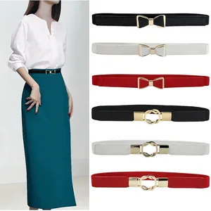 Elastic waist belt for women with golden buckle and bow design in multiple colors