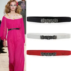 Women vintage elastic waist belt with decorative rose metal buckle in three colors
