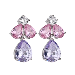 Pink and violet waterdrop crystal earrings with silver-toned plating and white cubic zirconia