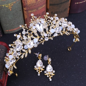 Luxury Baroque gold bridal tiara and earrings set with crystals and rhinestones