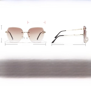 Detailed size parameters for rimless sunglasses including frame width and lens height