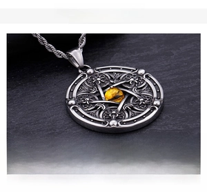 Detailed view of titanium steel guardian angel pendant with vintage star pattern and chain