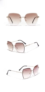 Three-angle detail of rimless geometric sunglasses with coffee gradient lenses and gold frame