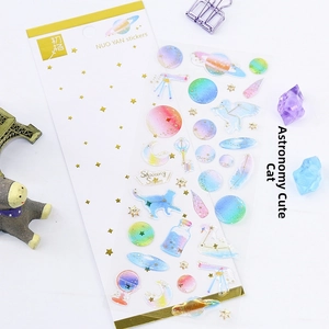 Detailed macro view of celestial laser stickers featuring starry nebula cats and planets