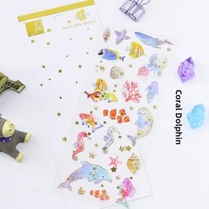 Marine themed 3D gold-stamped stickers featuring dolphins, jellyfish and seahorse icons