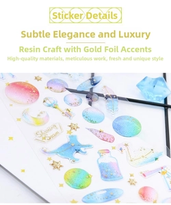 Detail of 3D gold foil stickers with starry night themes like cats, moons, and bottles