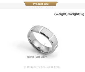 Detailed macro view showing 6mm width and 5g weight of brushed stainless steel ring