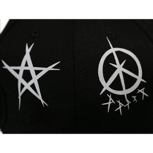 Detailed close-up of white star prints and intricate patterns on black baseball cap fabric