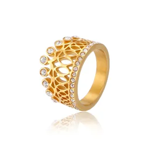 Elegant Crown Ring Stainless Steel Encrusted White Zircon Hollow Fashion Jewelry For Women