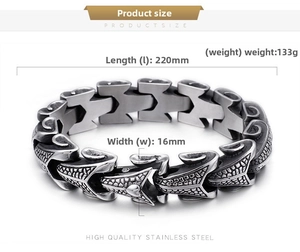 Detail of vintage stainless steel dragon bone bracelet with 220mm length and 16mm width