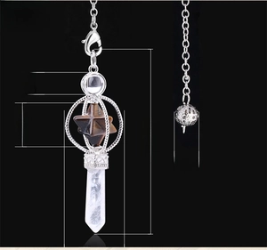 Detailed size chart showing a 77mm crystal Merkaba pendulum pendant with dimensions